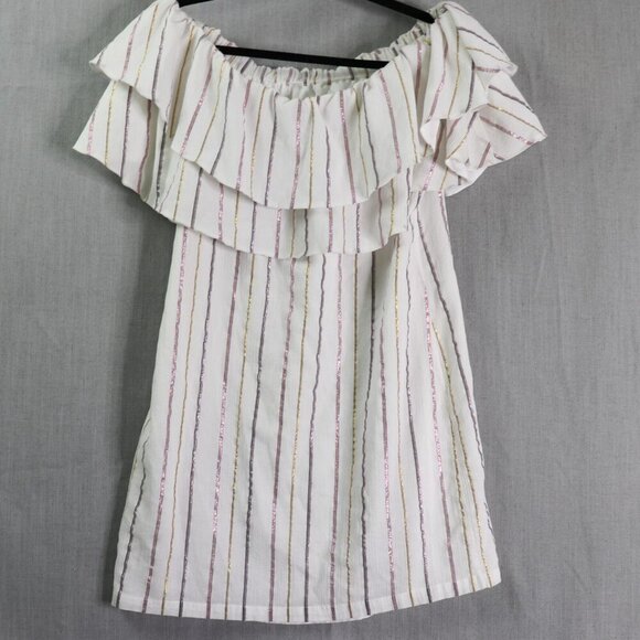 Charles Henry Off Shoulder Dress M White & Metallic Stripe Ruffle Popover Summer - Picture 15 of 16